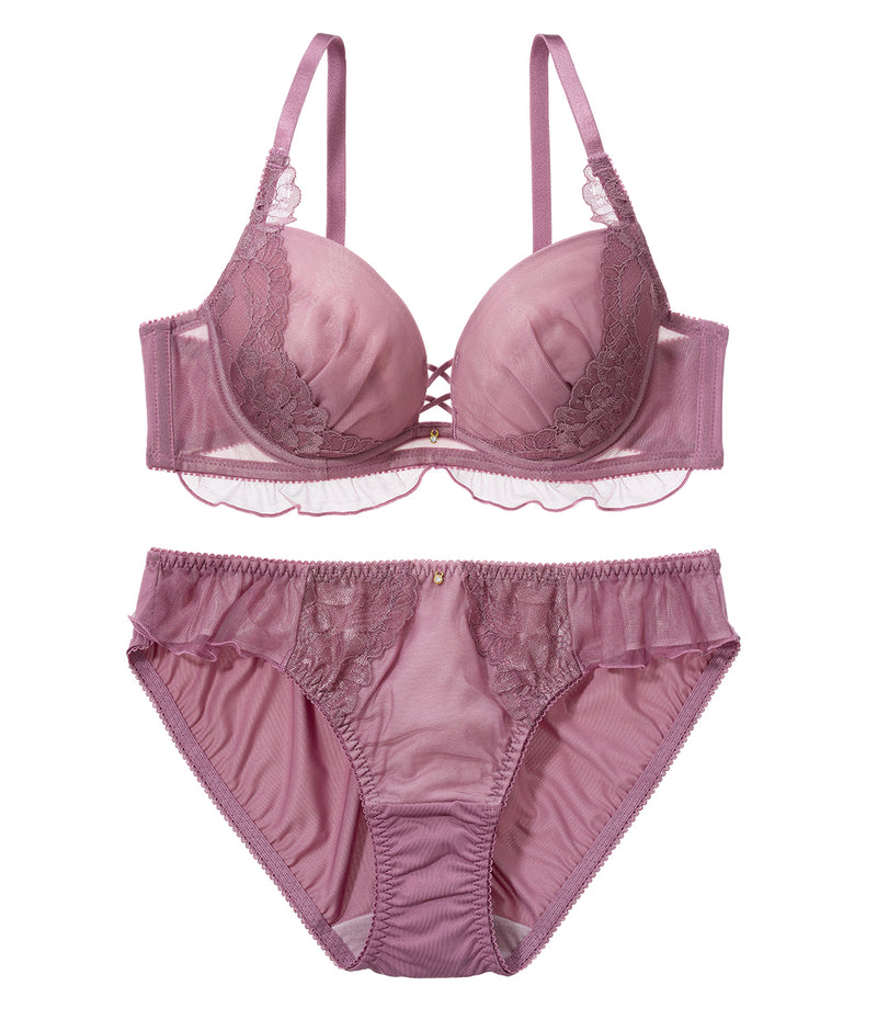 [Peach John] Moreru Sheer Frill Lace-Up Bra Set